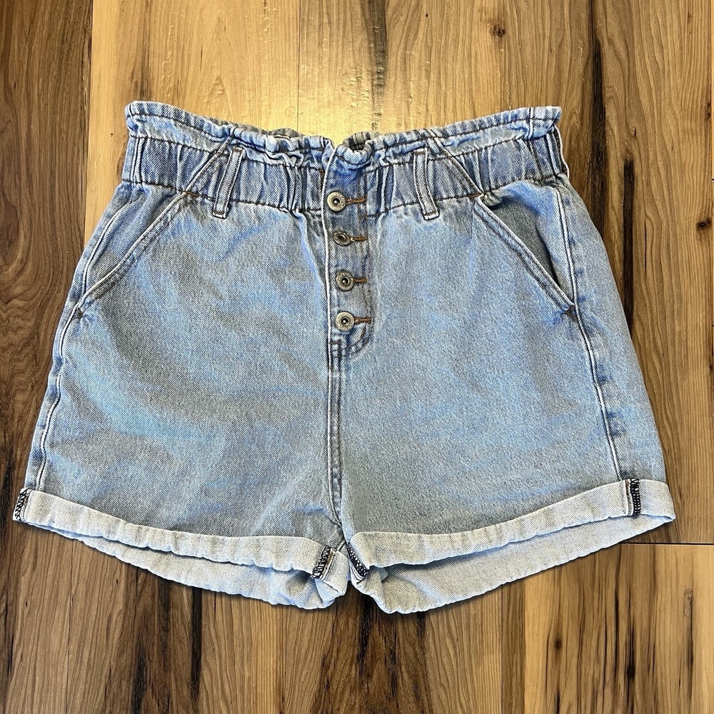 S.O.N.G Paper Bag Waist Denim‎ Shorts Size L High Rise Pull On Button Up Cuffed